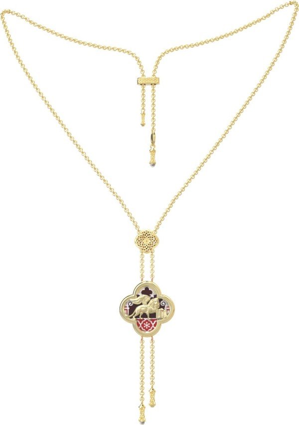 Колье из лимонного золота c эмалью, жемчугом и перламутром