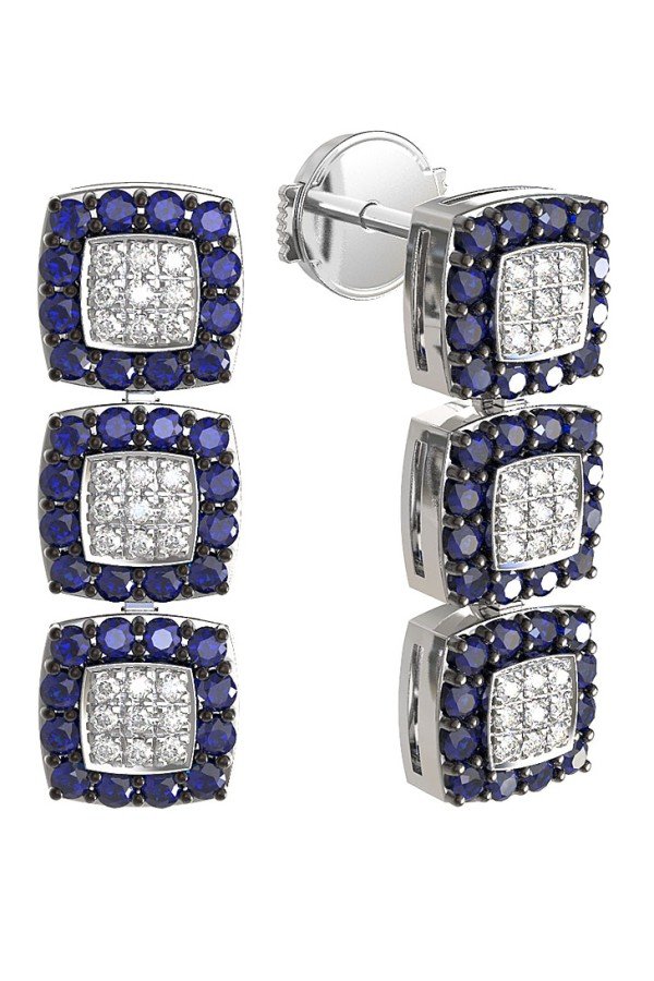 Серьги из белого золота c бриллиантами и сапфиром