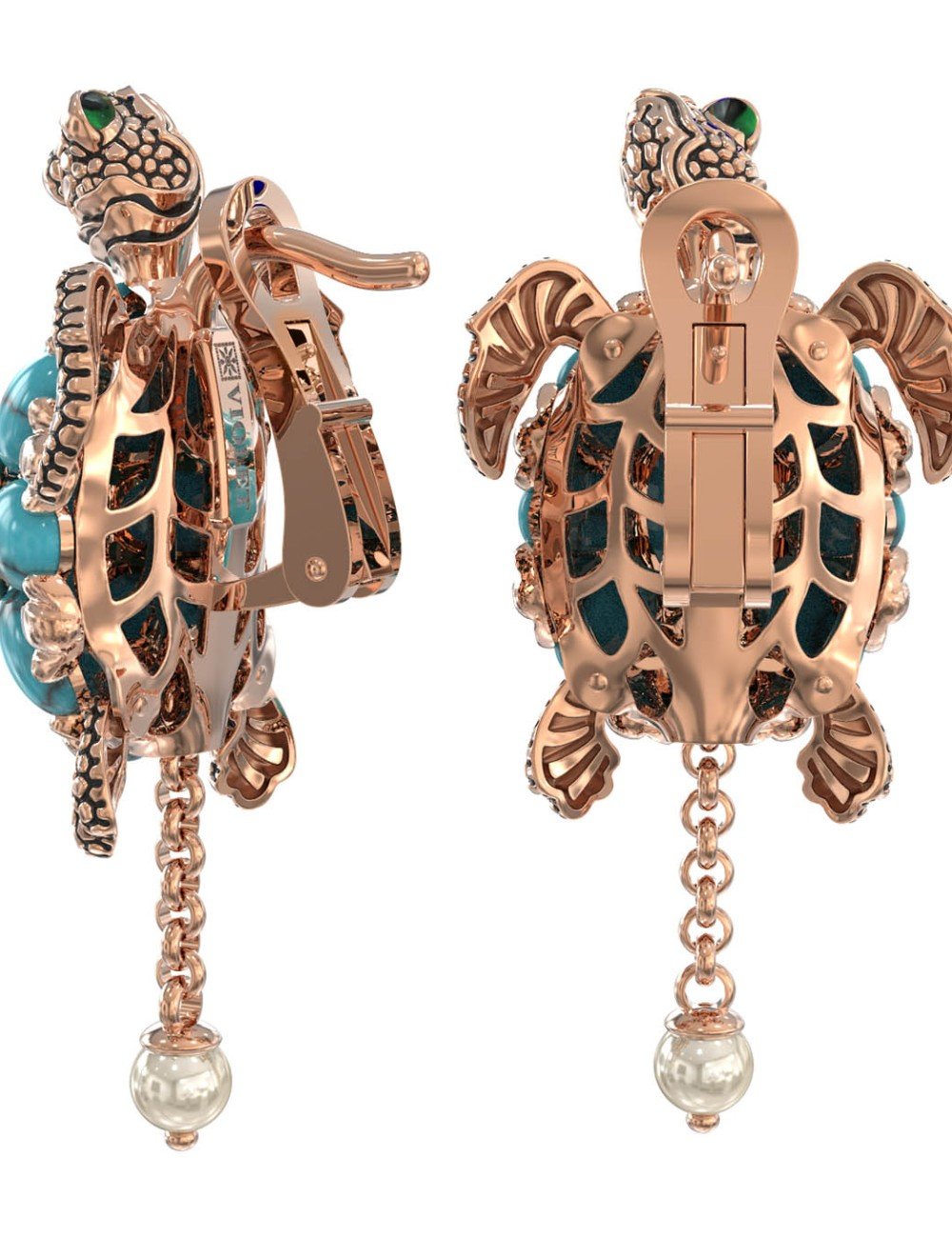 Серьги из золота c эмалью, жемчугом и бирюзой