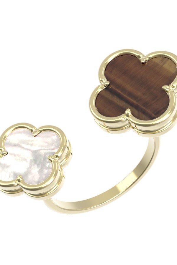 Кольцо из лимонного золота c тигровым глазом и перламутром