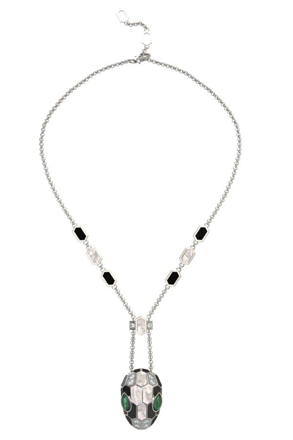 Колье из белого золота c бриллиантами, рубином, ониксом, малахитом и перламутром