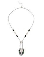 Колье из белого золота c бриллиантами, рубином, ониксом, малахитом и перламутром