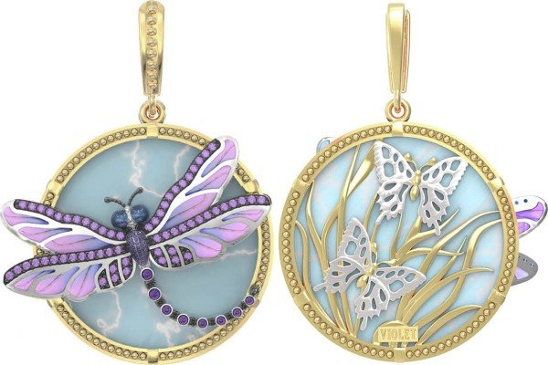 Подвеска из лимонного золота c бирюзой, аметистом и эмалью