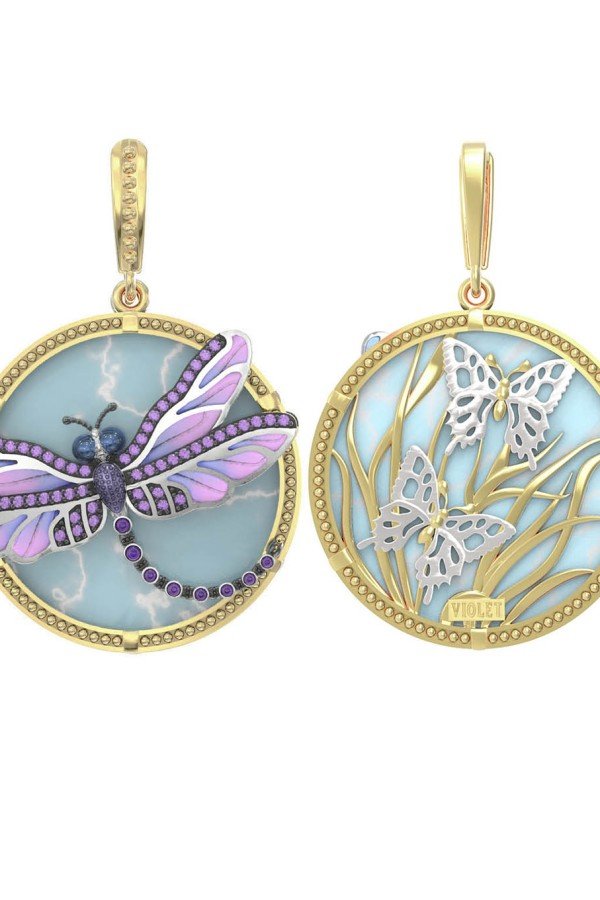 Подвеска из лимонного золота c бирюзой, аметистом и эмалью