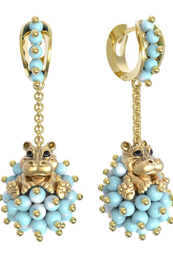 Серьги из лимонного золота c эмалью и бирюзой