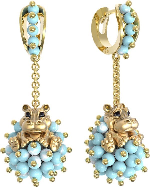 Серьги из лимонного золота c эмалью и бирюзой