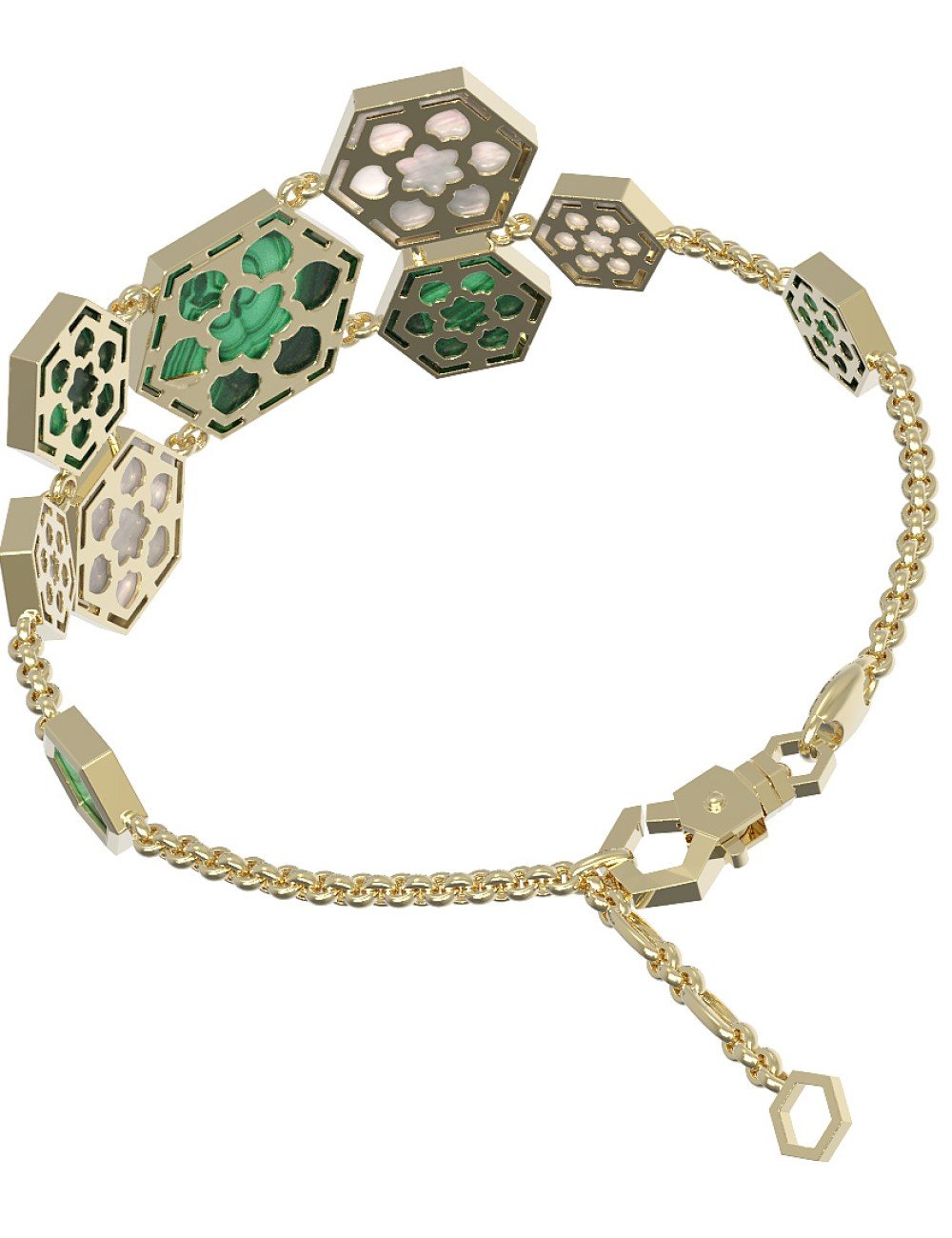 Браслет из лимонного золота c малахитом и перламутром