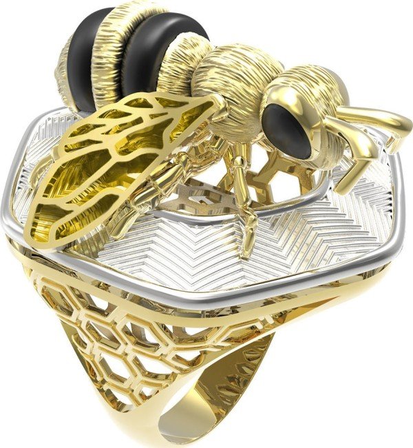 Кольцо из лимонного золота c эмалью, ониксом и эмалью