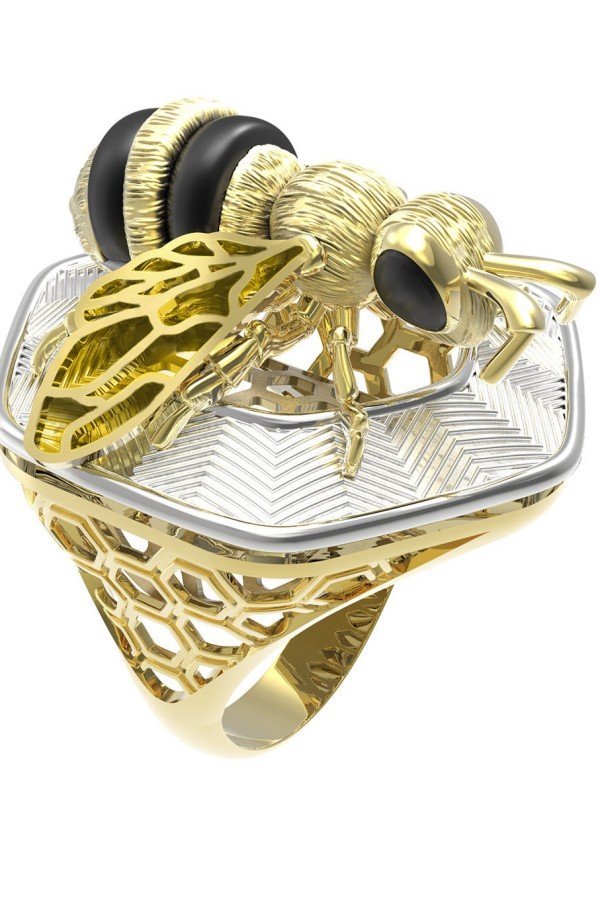 Кольцо из лимонного золота c эмалью, ониксом и эмалью