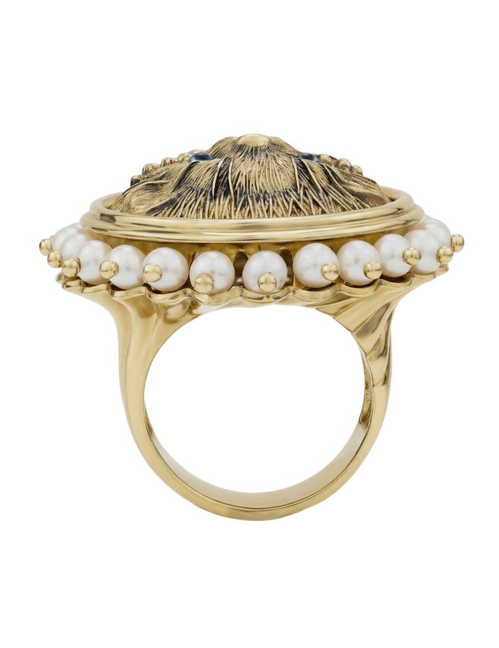 Кольцо из лимонного золота c эмалью и жемчугом