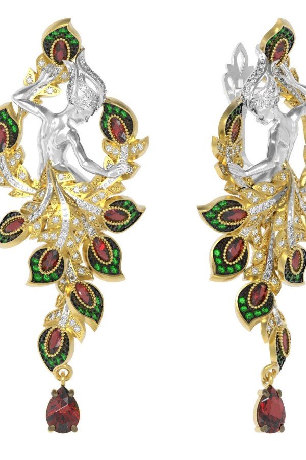 Серьги из лимонного золота c фианитом и гранатом