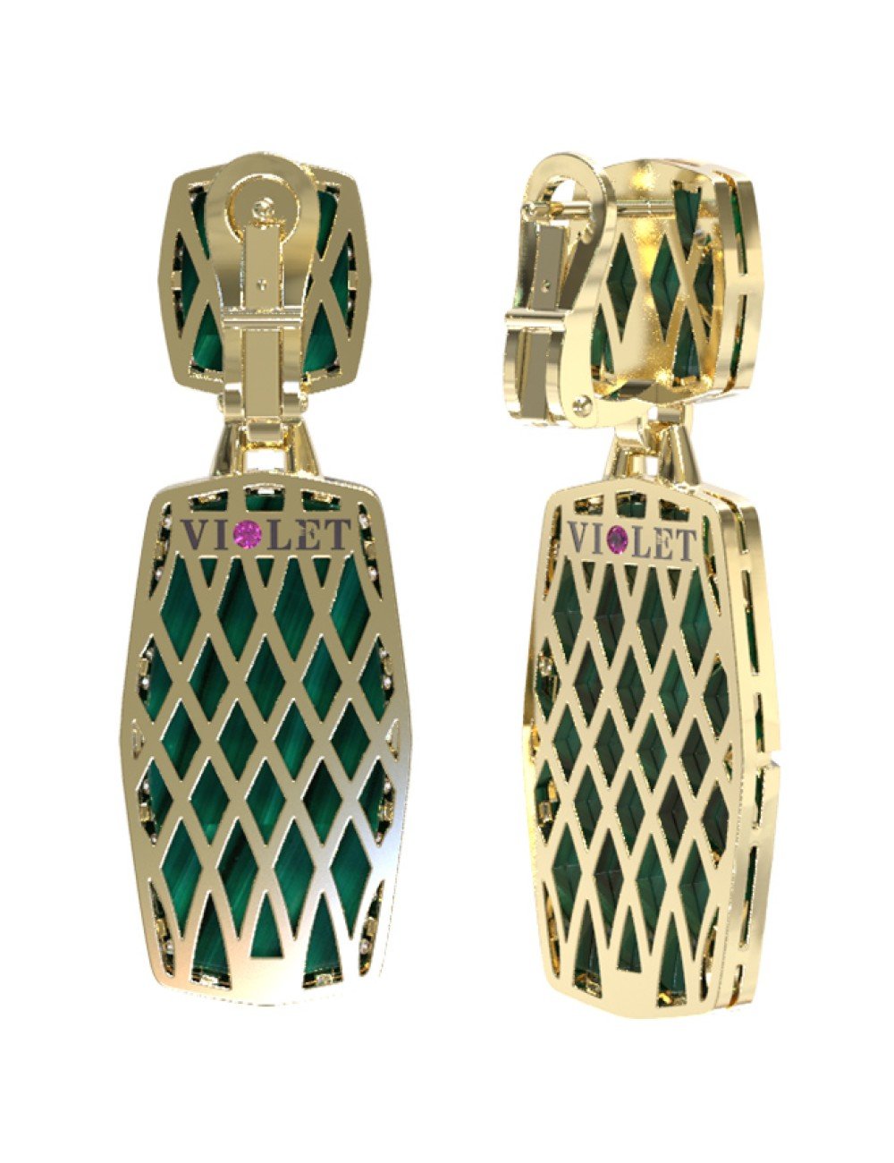 Серьги из лимонного золота c бриллиантами, рубином и малахитом