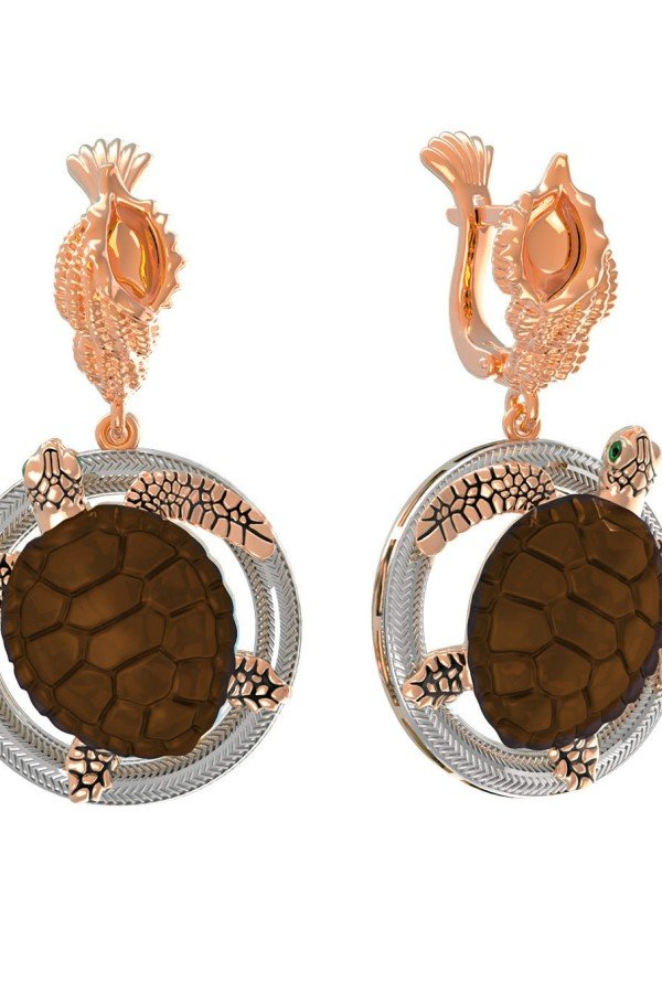 Серьги из золота c эмалью и железным деревом