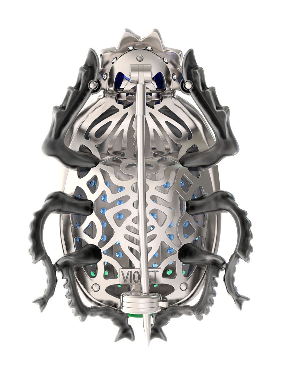 Брошь из белого золота c эмалью, фианитом и сапфиром