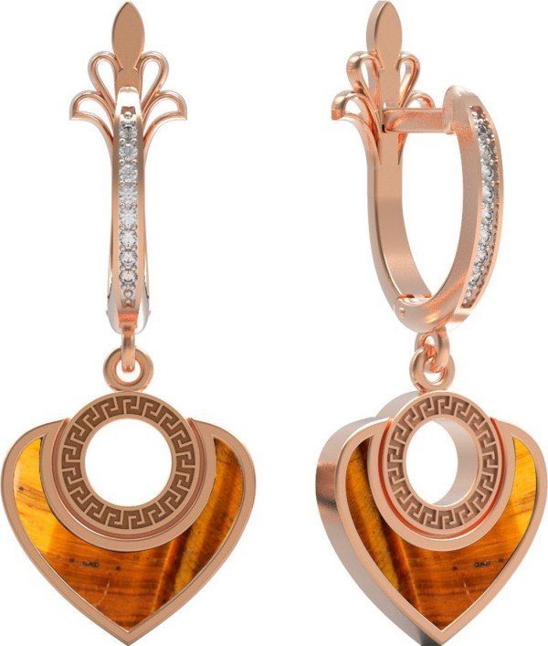 Серьги из золота c фианитом и тигровым глазом