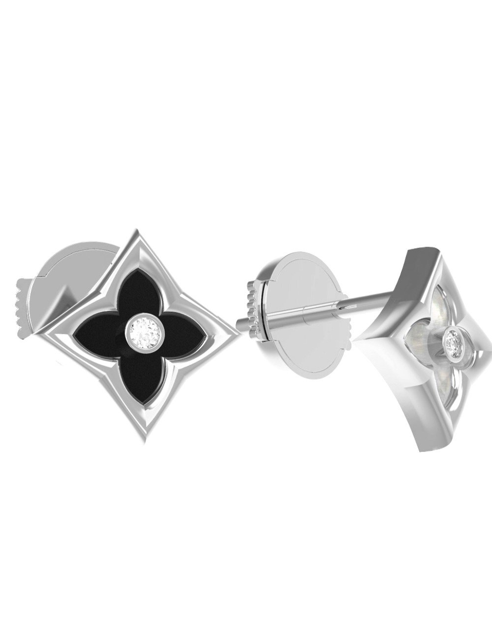 Серьги из белого золота c бриллиантами, ониксом и перламутром