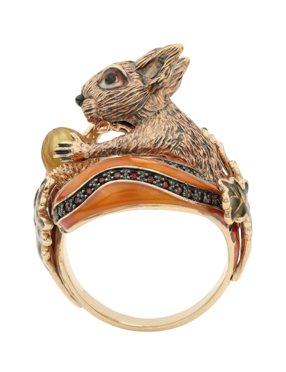 Кольцо из золота c эмалью, гранатом и янтарём