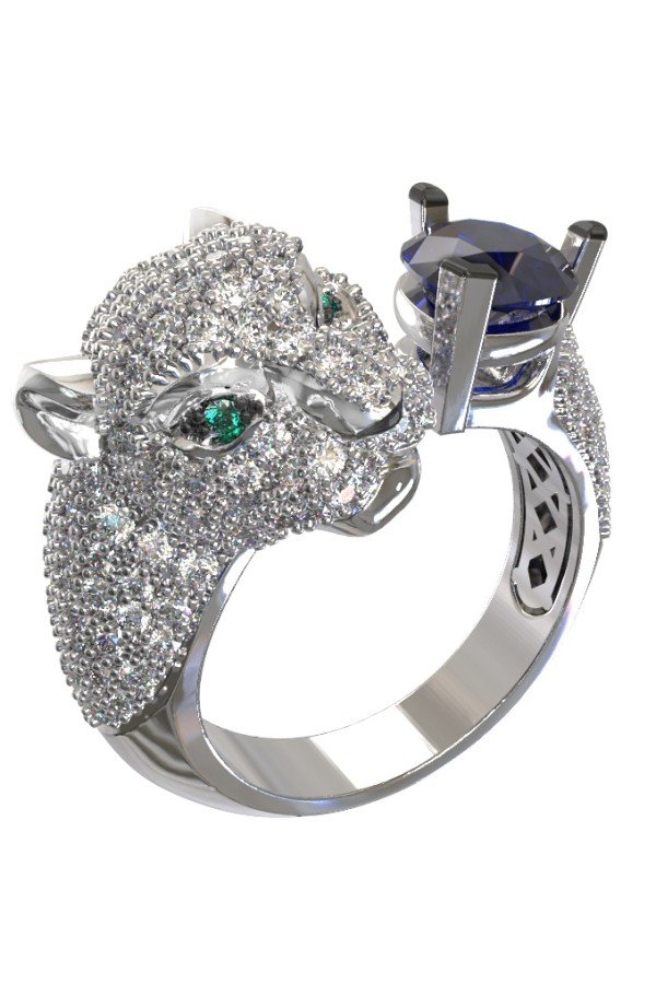 Кольцо из белого золота c бриллиантами, сапфиром и изумрудом