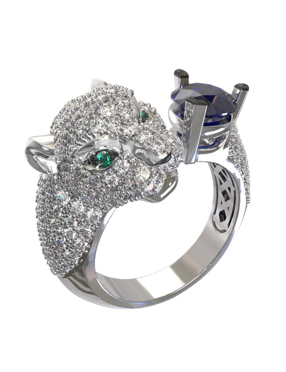 Кольцо из белого золота c бриллиантами, сапфиром и изумрудом