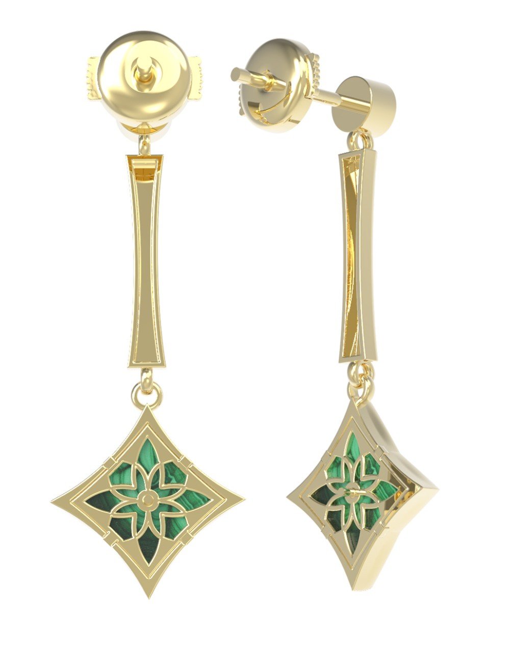 Серьги из лимонного золота c фианитом и малахитом