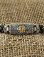 Браслет из серебра и золота c кожаным шнурком