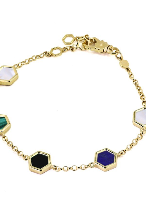 Браслет из лимонного золота c ониксом, лазуритом, малахитом и перламутром