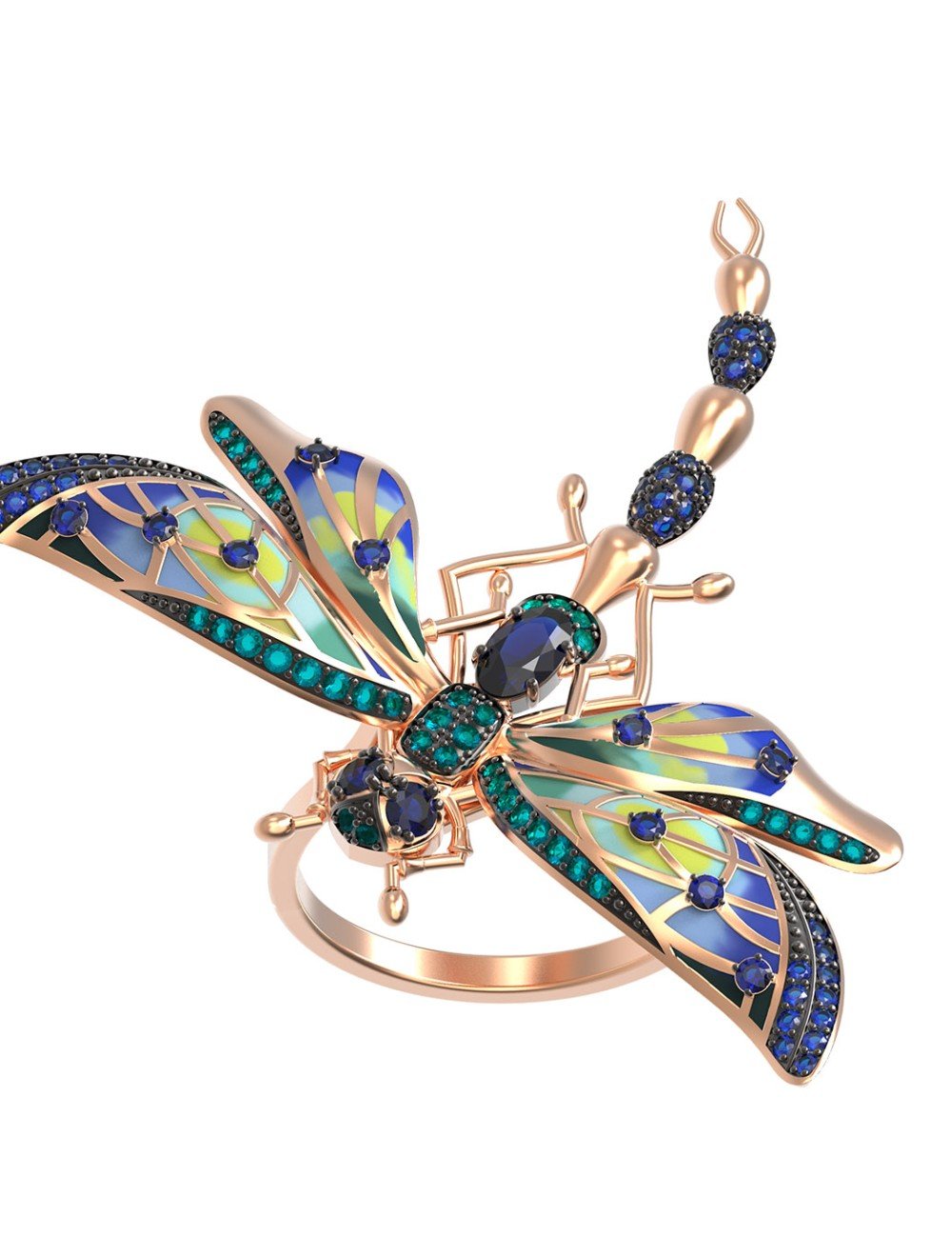 Кольцо из золота c фианитом, сапфиром и эмалью