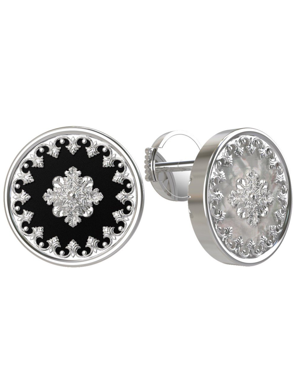 Серьги из белого золота c ониксом и перламутром