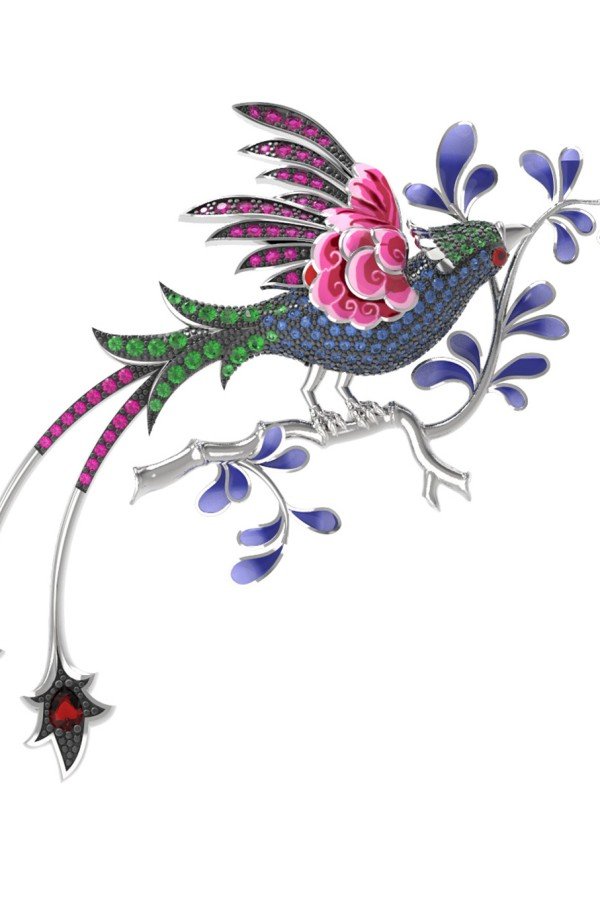 Брошь из белого золота c эмалью, фианитом и гранатом