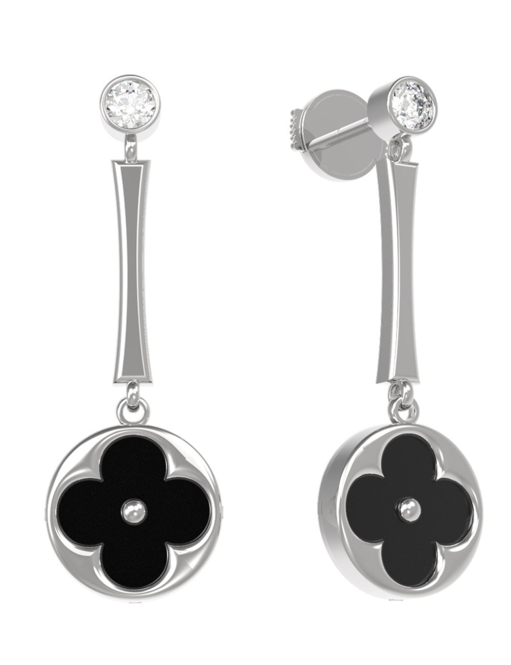 Серьги из белого золота c фианитом и ониксом