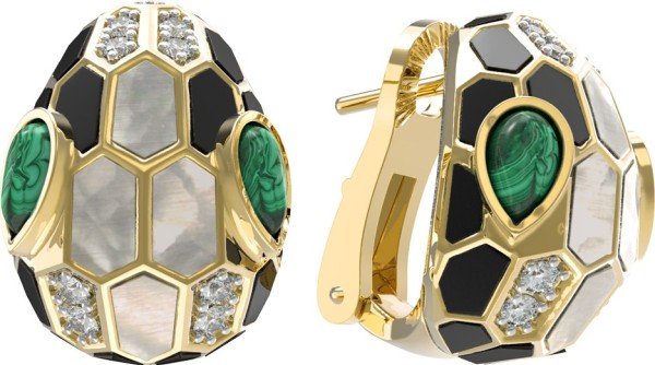 Серьги из лимонного золота c бриллиантами, рубином, ониксом, малахитом и перламутром