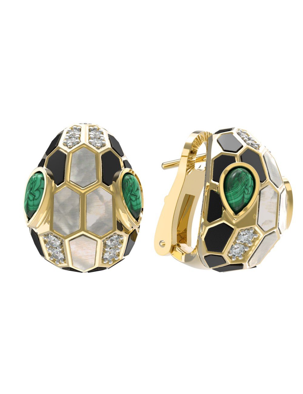 Серьги из лимонного золота c бриллиантами, рубином, ониксом, малахитом и перламутром