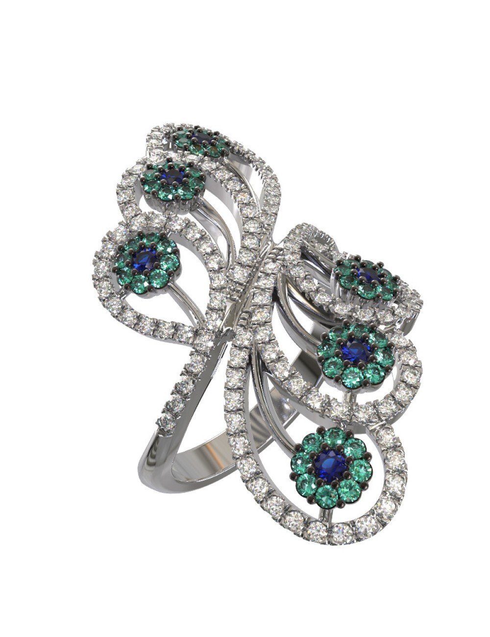 Кольцо из белого золота c бриллиантами, сапфиром и изумрудом