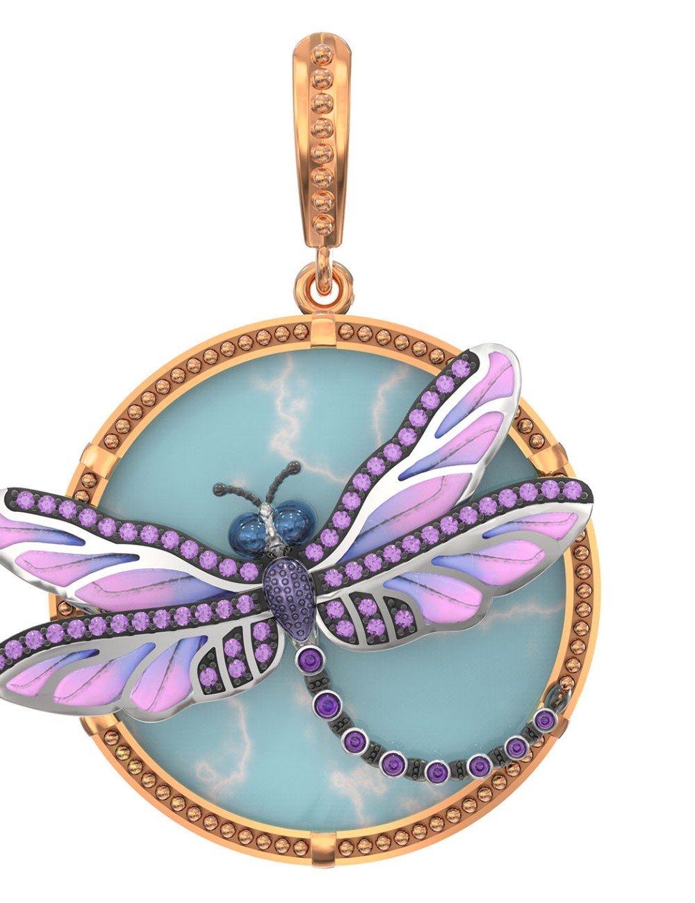 Подвеска из золота c бирюзой, аметистом и эмалью