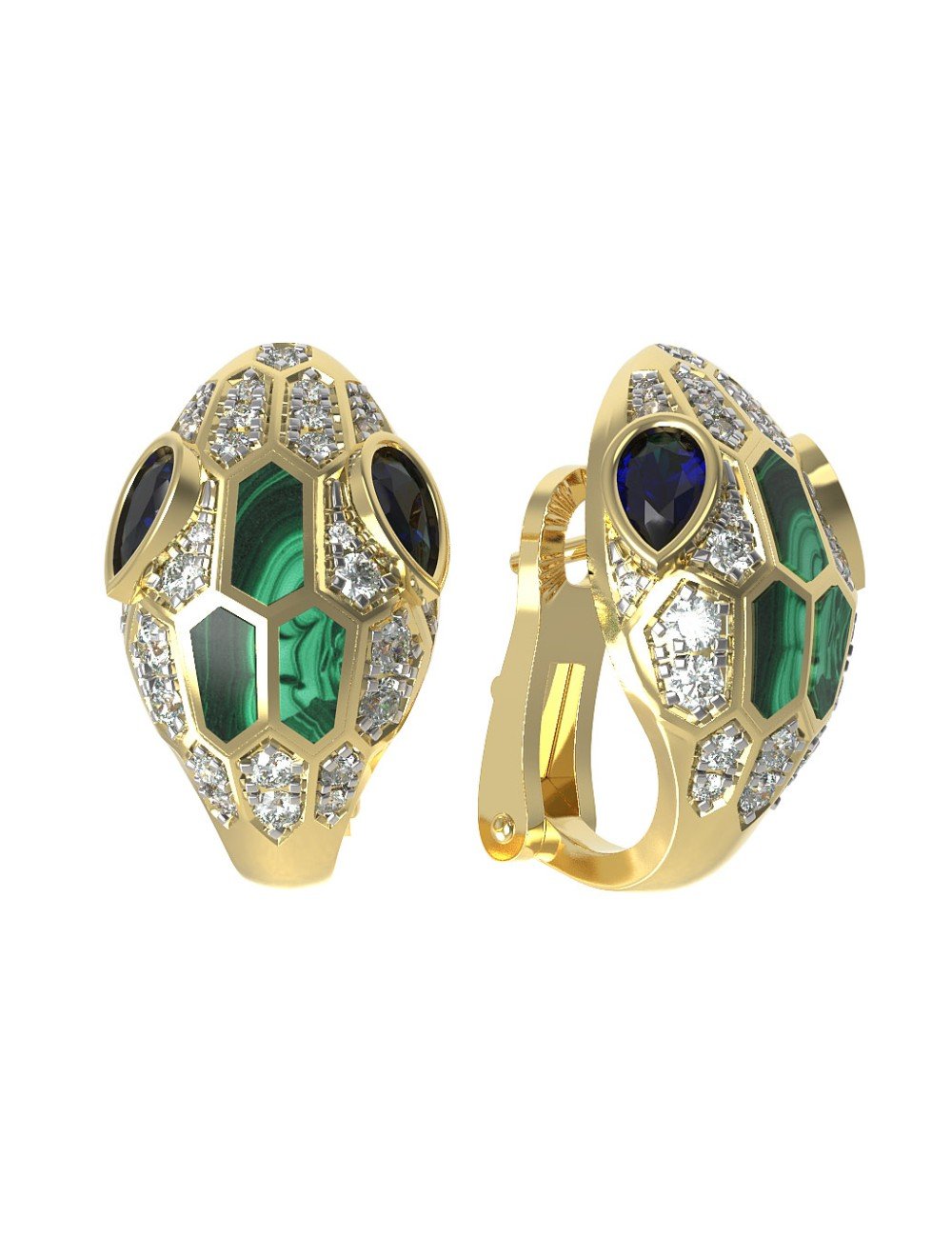 Серьги из лимонного золота c бриллиантами, сапфиром и малахитом