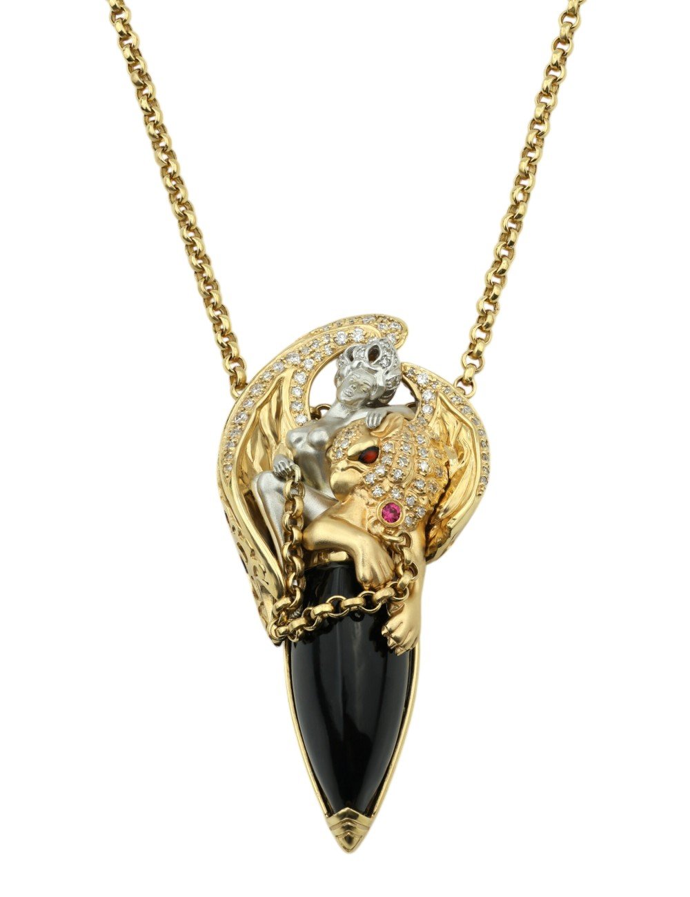 Колье из лимонного золота c эмалью, бриллиантами, рубином, ониксом и рубином