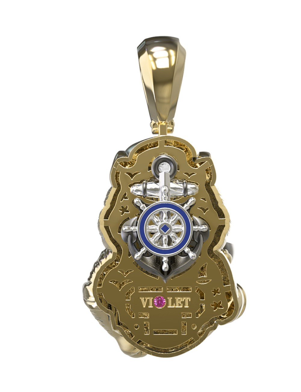 Подвеска из лимонного золота c эмалью, бриллиантами и рубином