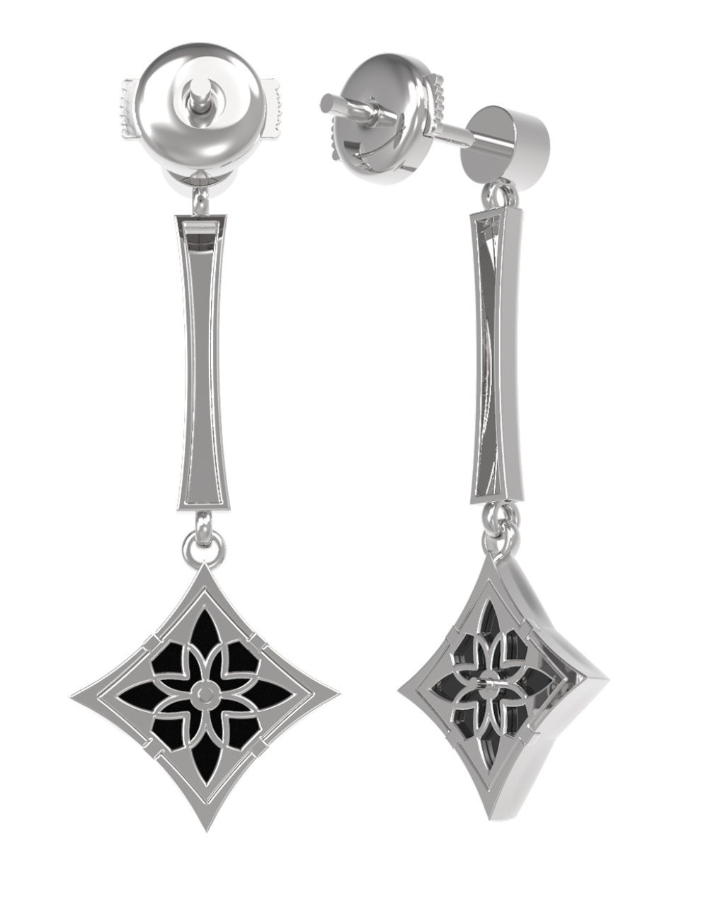 Серьги из белого золота c фианитом и ониксом