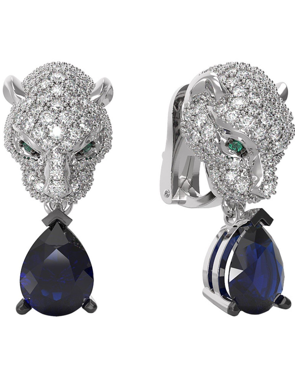 Серьги из белого золота c бриллиантами, сапфиром и изумрудом