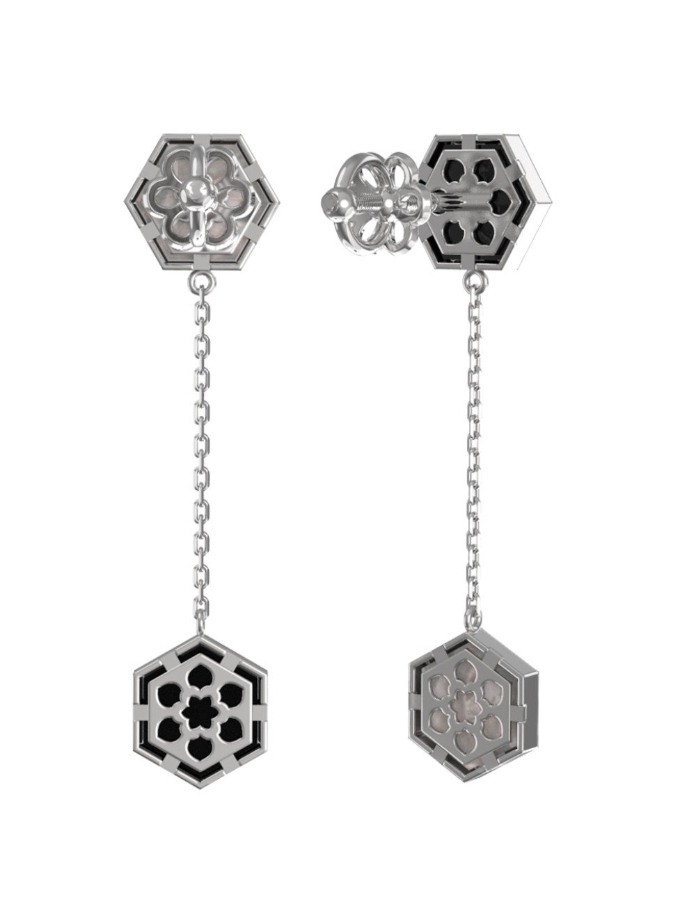 Серьги из белого золота c ониксом и перламутром