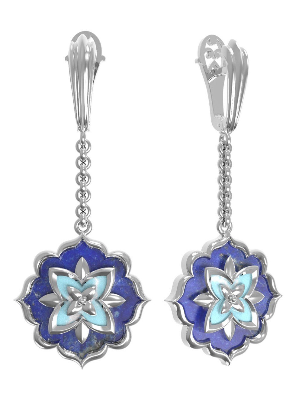 Серьги из белого золота c бирюзой и лазуритом