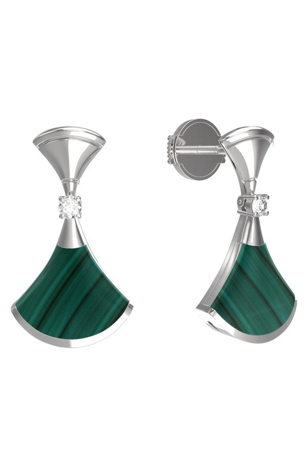 Серьги из белого золота c бриллиантами и малахитом