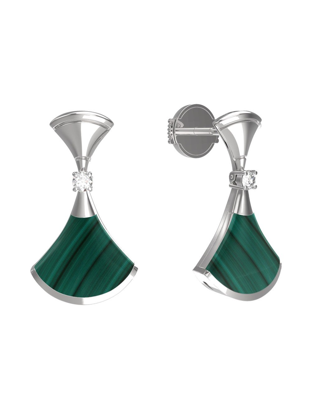 Серьги из белого золота c бриллиантами и малахитом