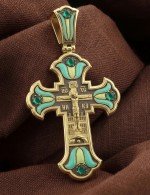 Крест из лимонного золота c эмалью и хризопразом