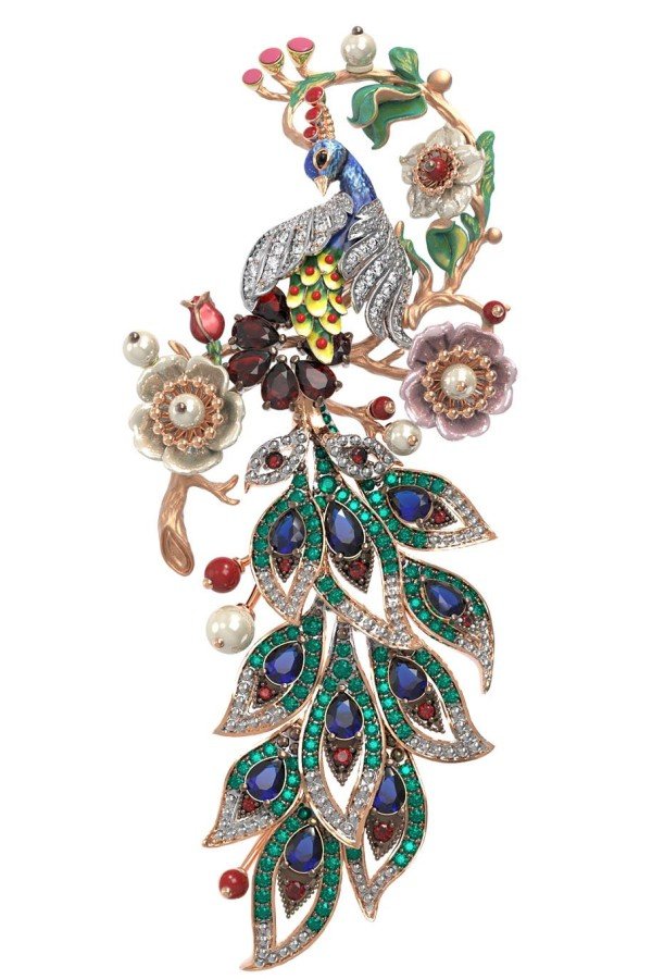 Брошь из золота c эмалью, фианитом, гранатом, жемчугом, сапфиром, кораллом и перламутром
