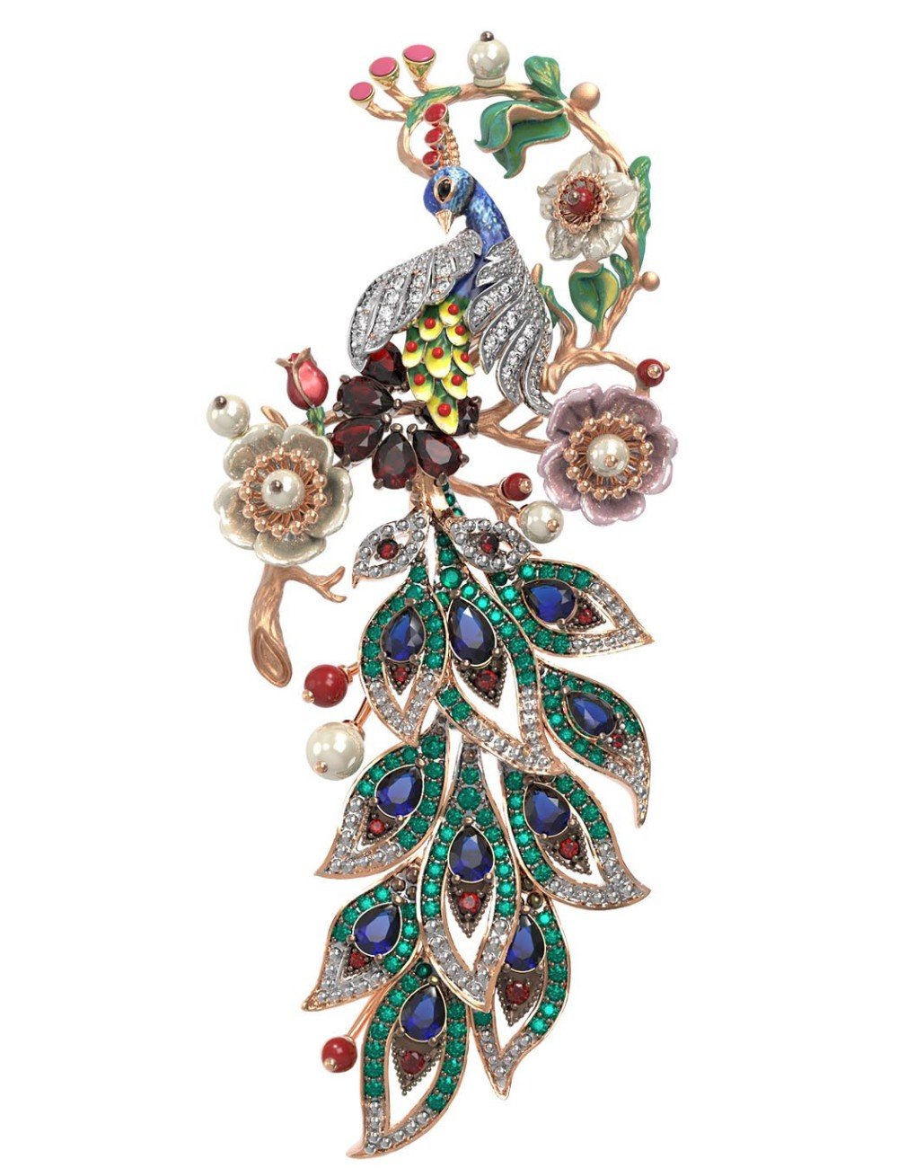 Брошь из золота c эмалью, фианитом, гранатом, жемчугом, сапфиром, кораллом и перламутром