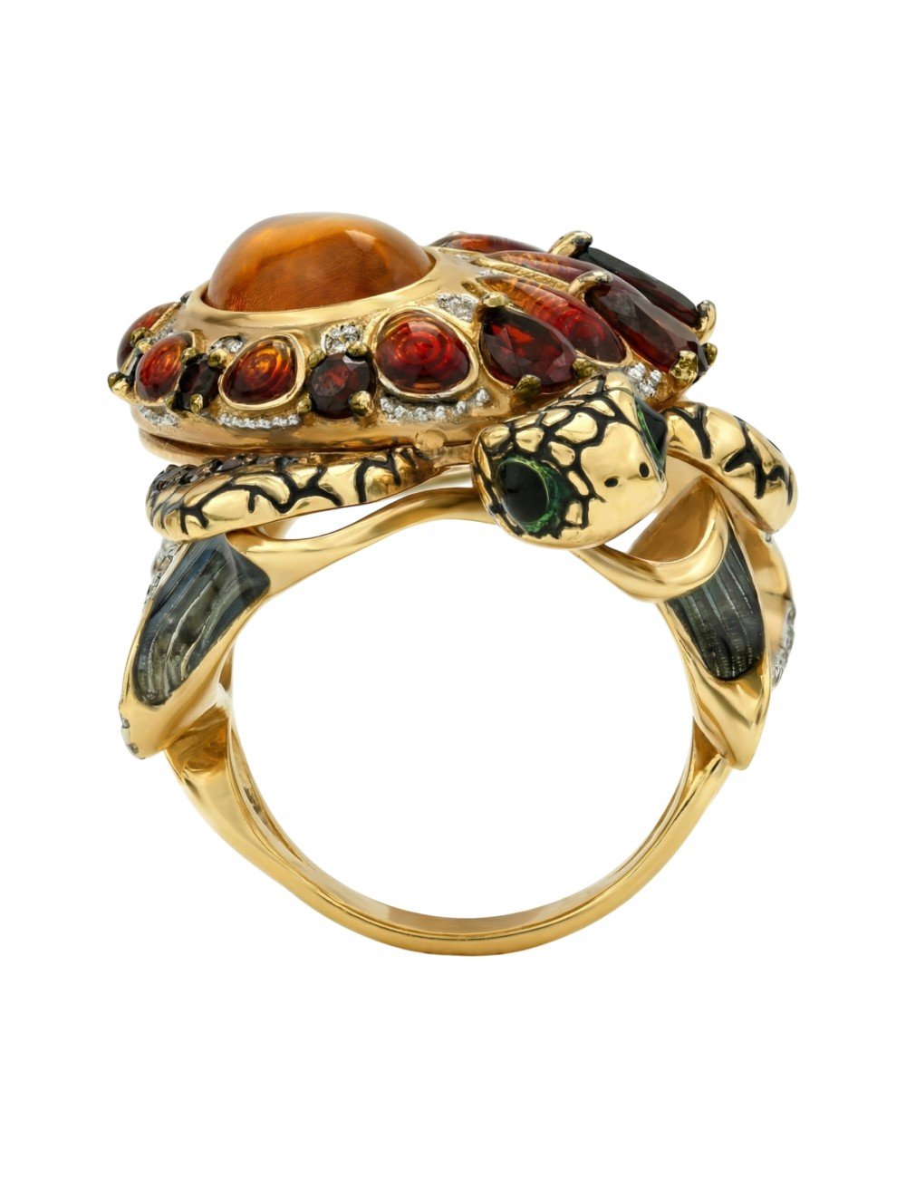 Кольцо из лимонного золота c эмалью, фианитом, гранатом и янтарём
