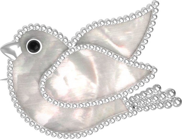 Брошь из белого золота c эмалью и перламутром