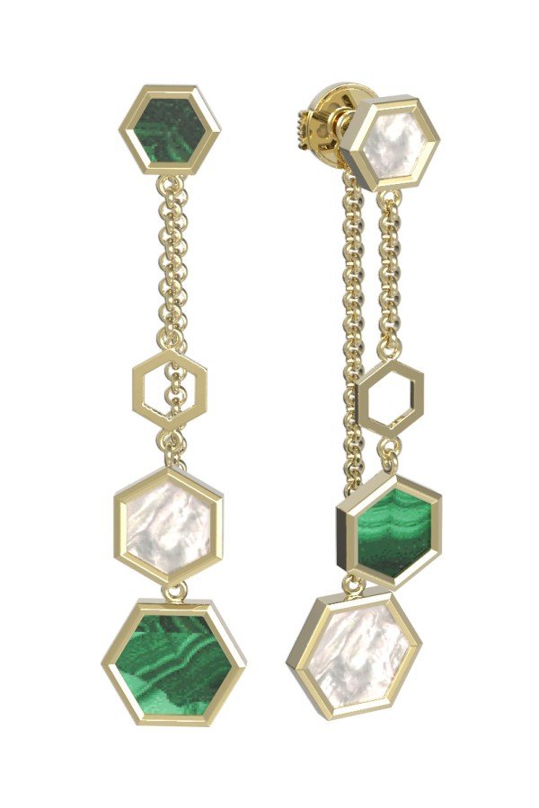 Серьги из лимонного золота c малахитом и перламутром