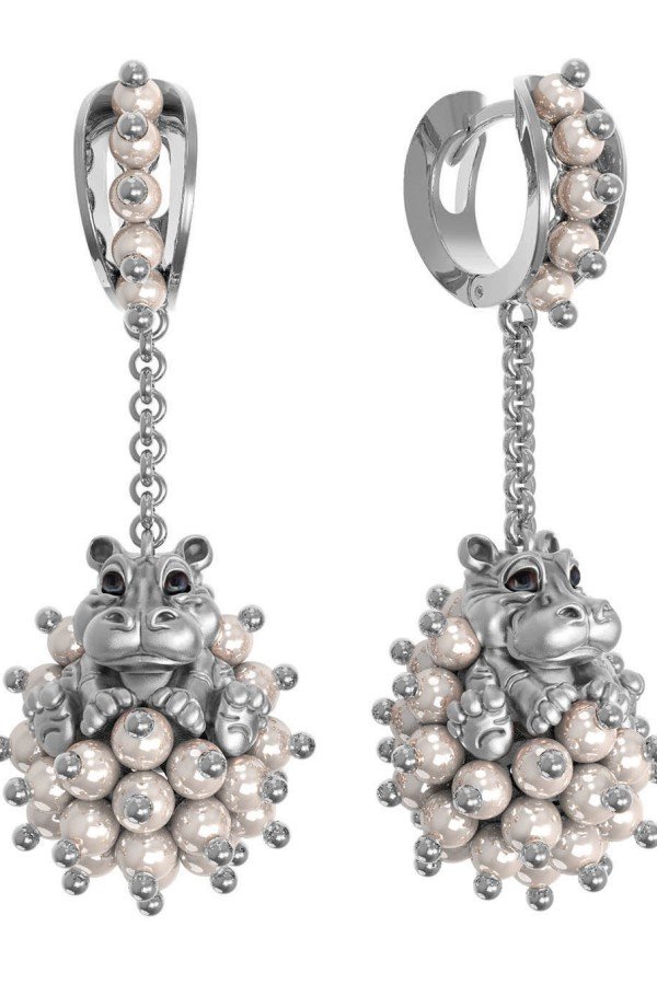 Серьги из белого золота c эмалью и жемчугом